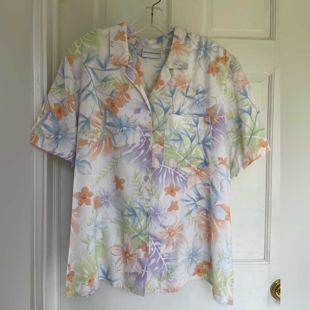 White floral, Alfred Dunner, button-down blouse, size 14